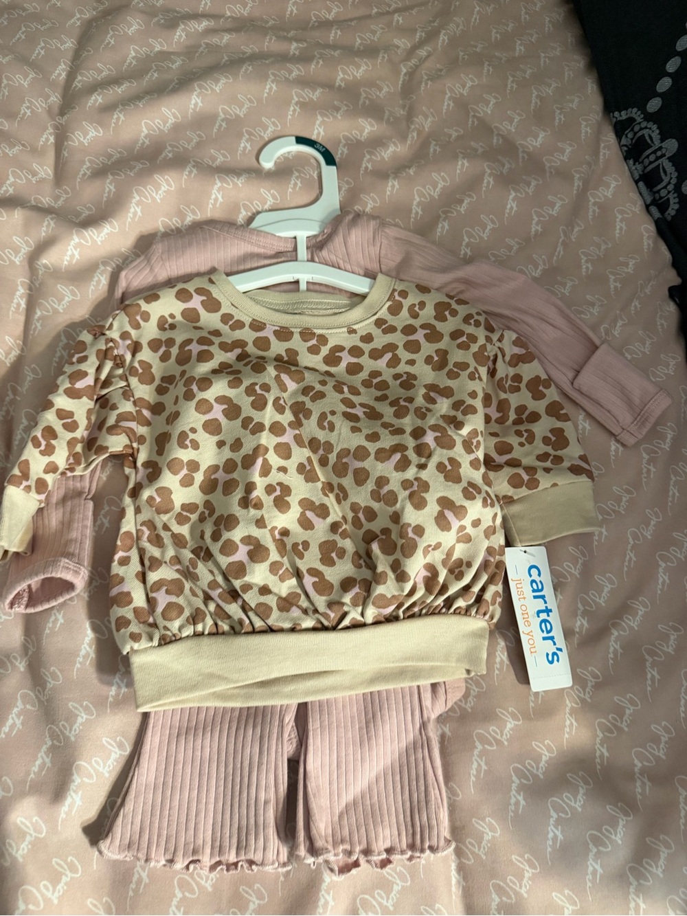 Carter's Cream & Pink Leopard Sweatshirt with Pink Ribbed Leggings Set. 3 piece